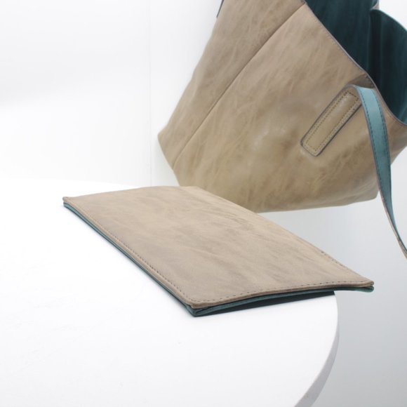 Reversable Beach Bag Shopping Tote Oversize Purse + Small Bag Blue-Green/Tan - Picture 9 of 16